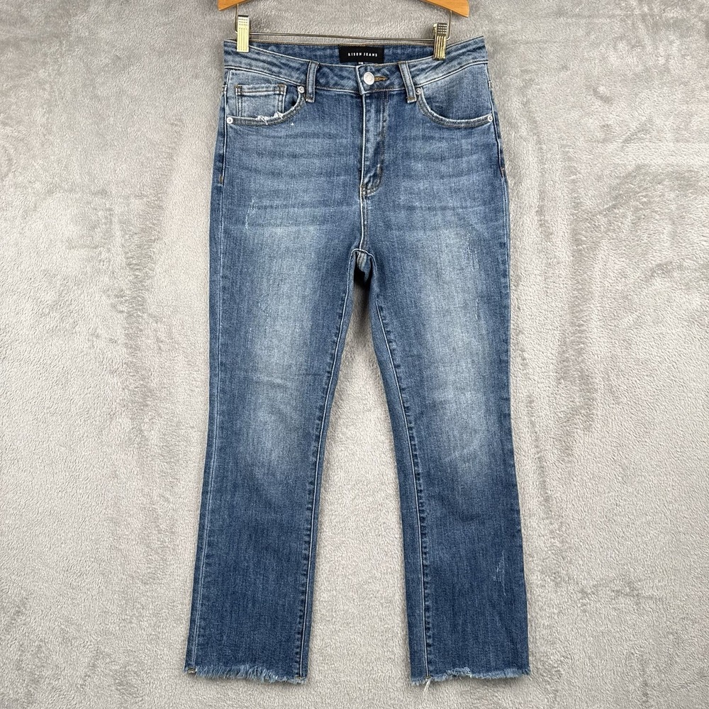 Risen Jeans Womens 7/28 Blue Denim Medium Wash Raw Hem High Rise Straight Leg